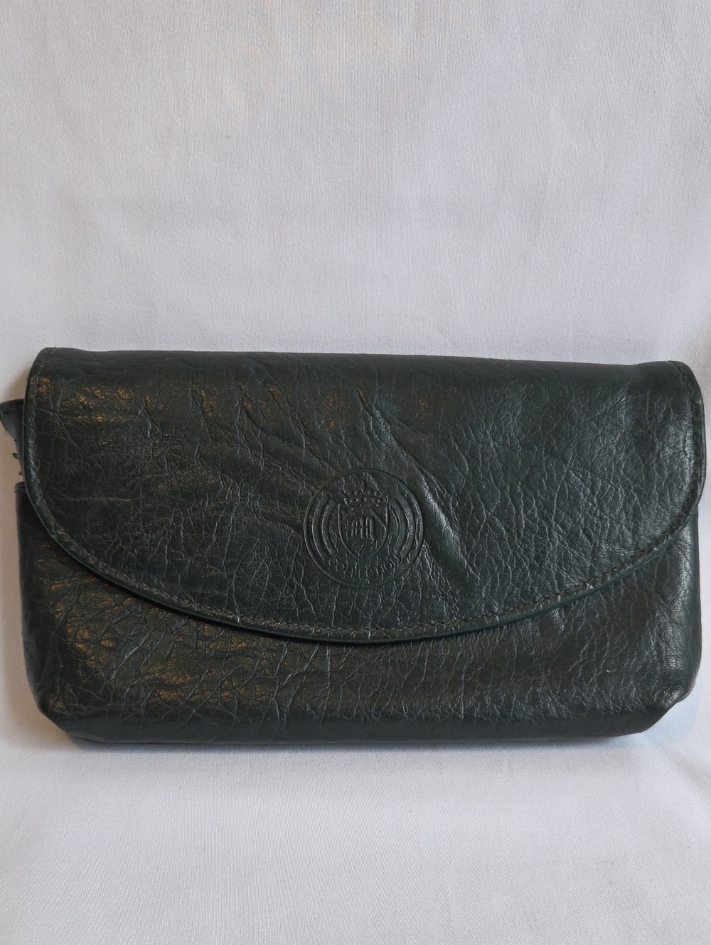 Dark Green Leather Clutch with Embossed Crest